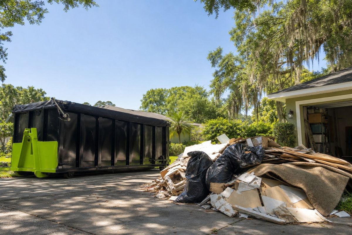 Roll-off dumpster parked in an Ocala driveway next to a pile of cleanout debris outside a garage