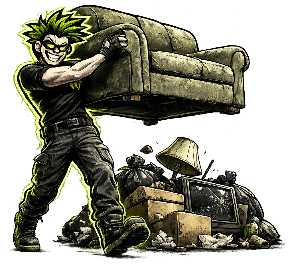 Waste Maniacs mascot hauling a couch with a pile of junk