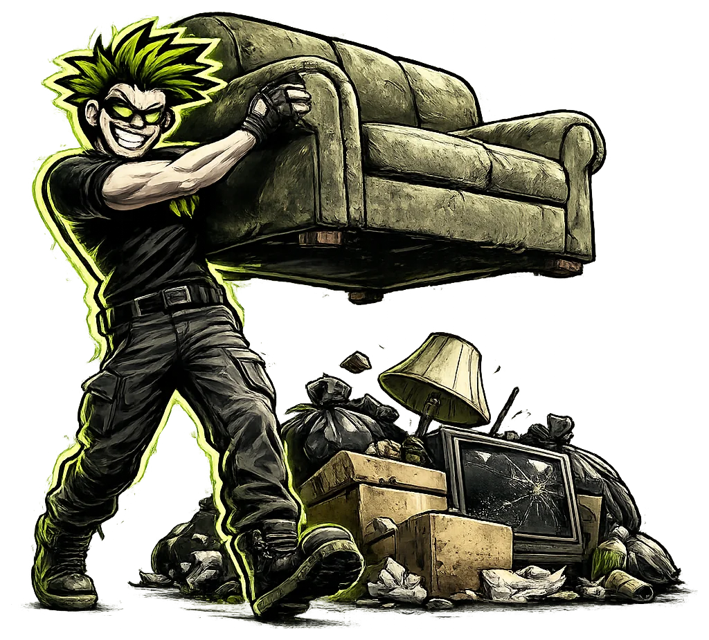 Waste Maniacs mascot hauling a couch with a pile of junk