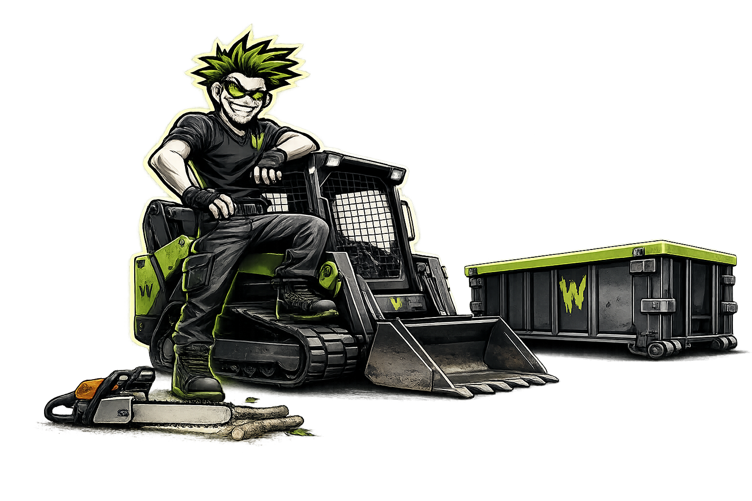 Waste Maniacs mascot on a skid-steer clearing land
