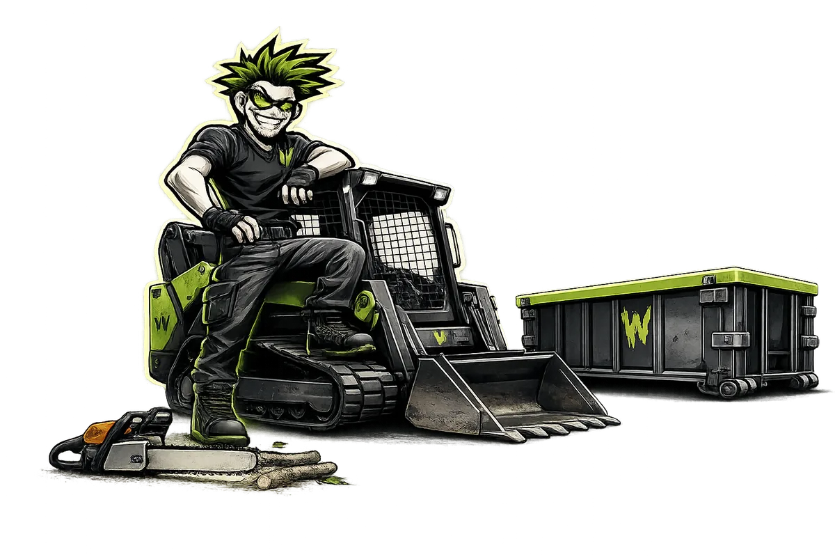 Waste Maniacs mascot on a skid-steer clearing land