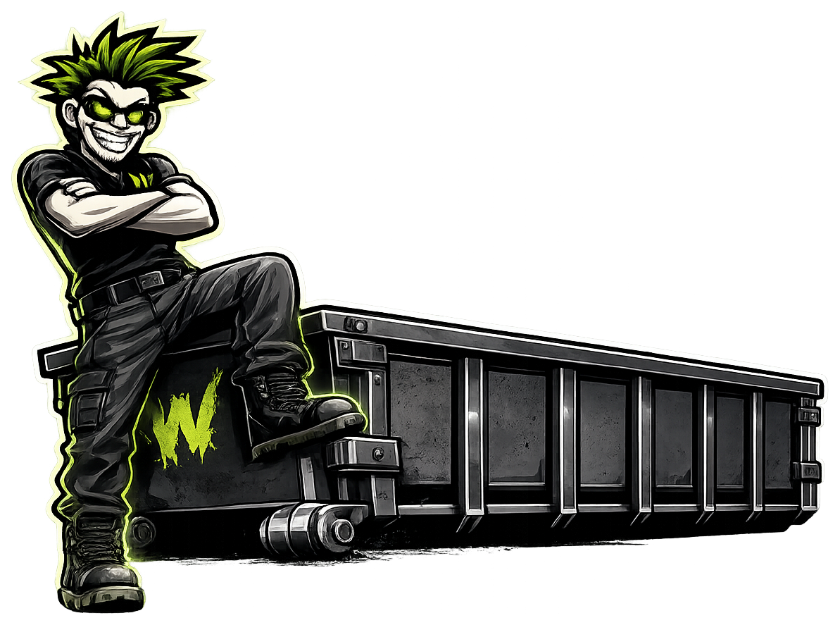 Waste Maniacs mascot leaning on a roll-off dumpster